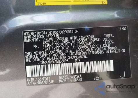 2010 Toyota Rav4 Sport V6 from USA, damaged, VIN JTMRK4DV4A5088098